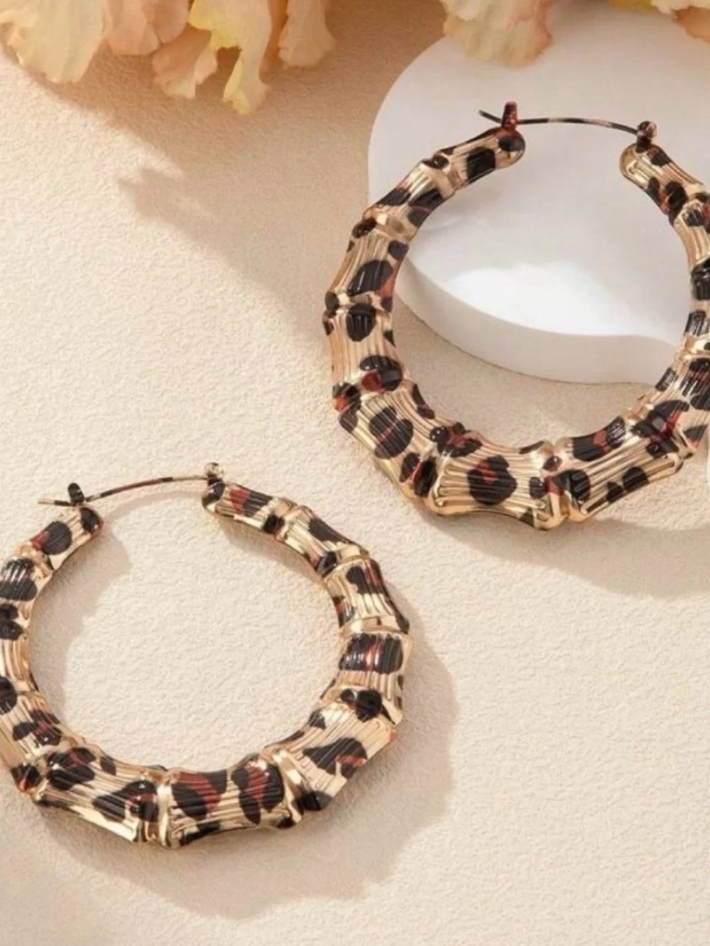 Gold Leopard Bamboo Hoop Earrings - Fashion Women Jewelry